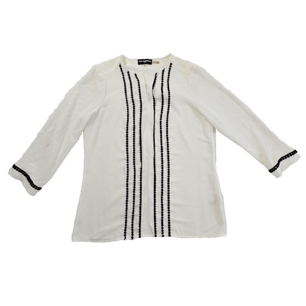 Karl Lagerfeld Paris Long Sleeve Blouse Women's Size Small Black Embroidery EUC